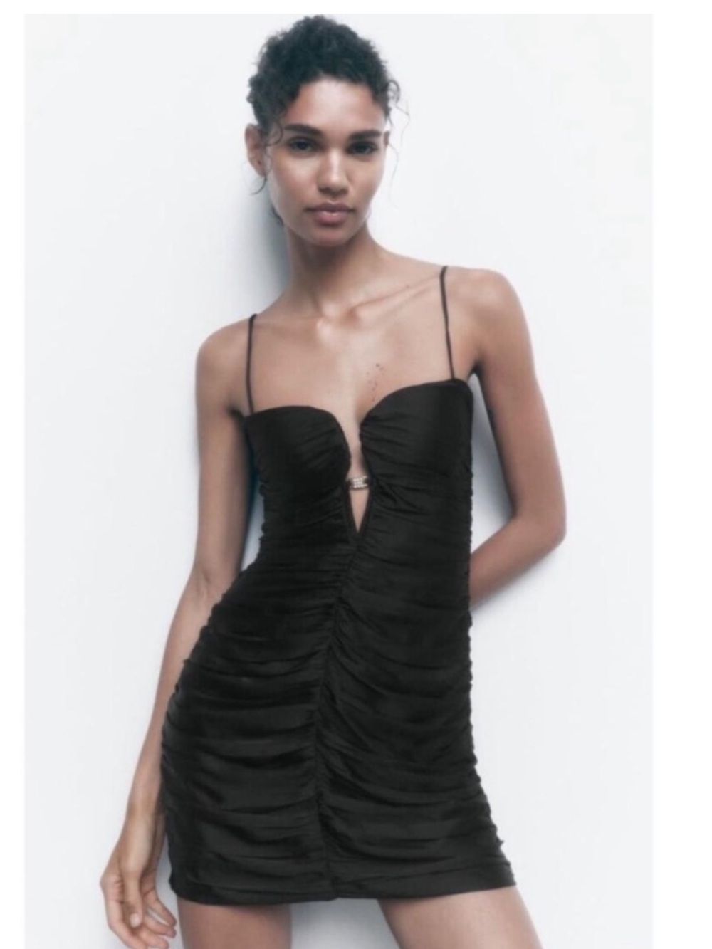 NWT Zara Black Ruched Spaghetti-Strap Mini with Heartline Cut Sz S